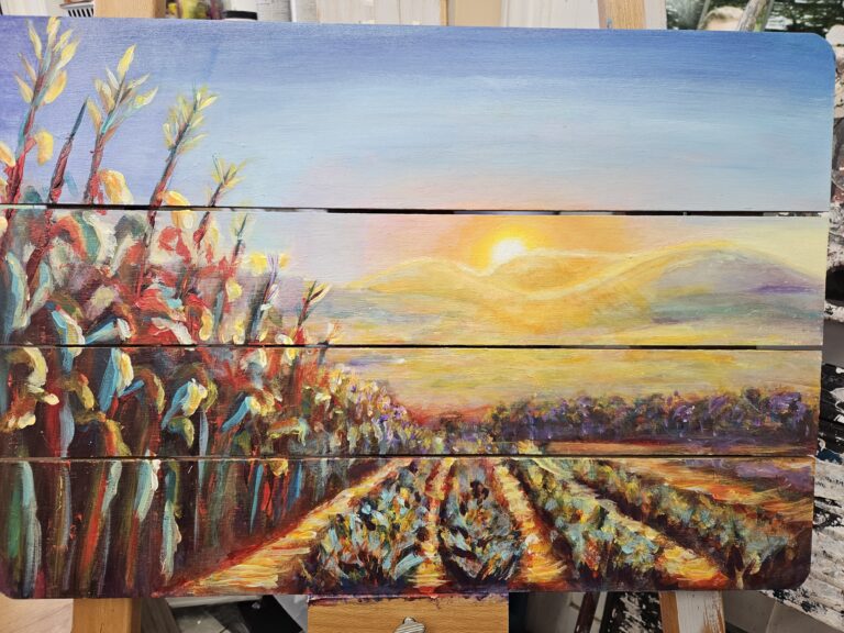 acrylic painting of a midwest farm with desert mountains