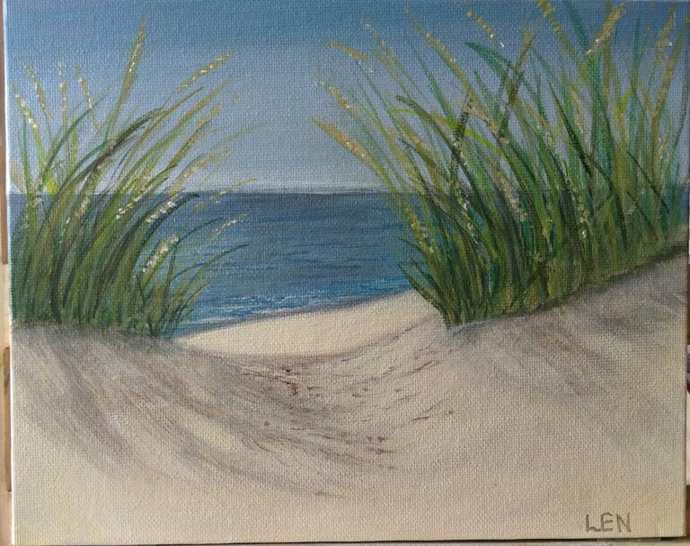 acrylic painting of a sand dune beach and beach grass