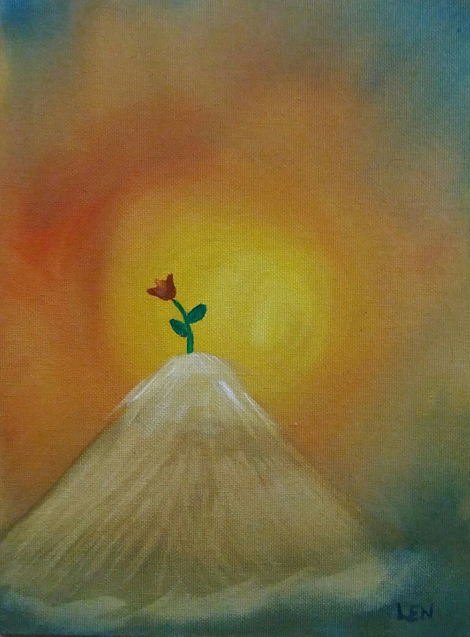Acrylic painting of a single flower growing on the top of a mountain.