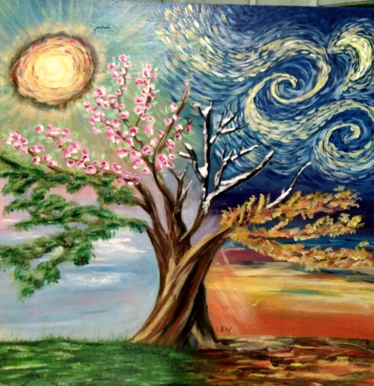 Acrylic painting of a four seasons tree with a bright sun, Starry Night theme, and bright colors.