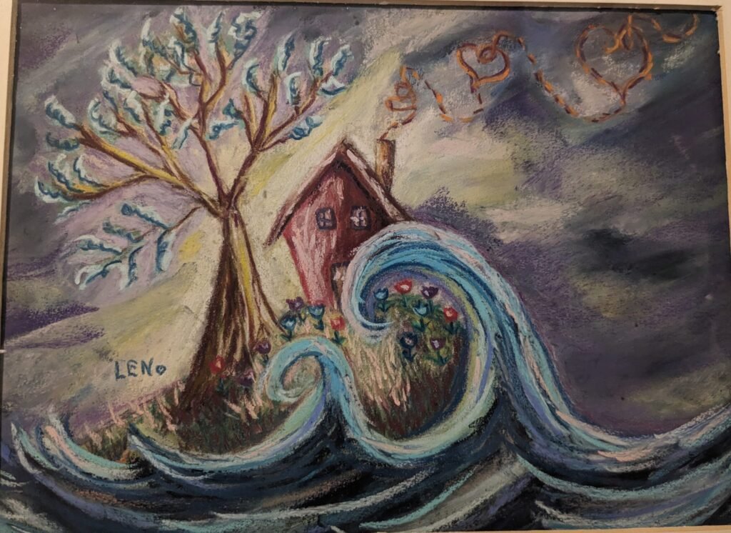 Pastel painting of a house on a rock with a tree and high waves